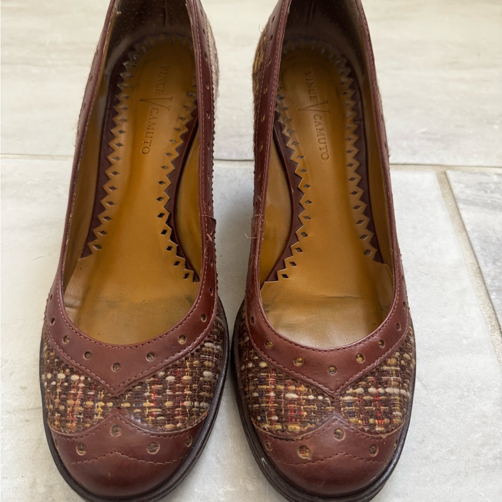 Vince Camuto Brown Women's Tweed/Leather Kitten Heels